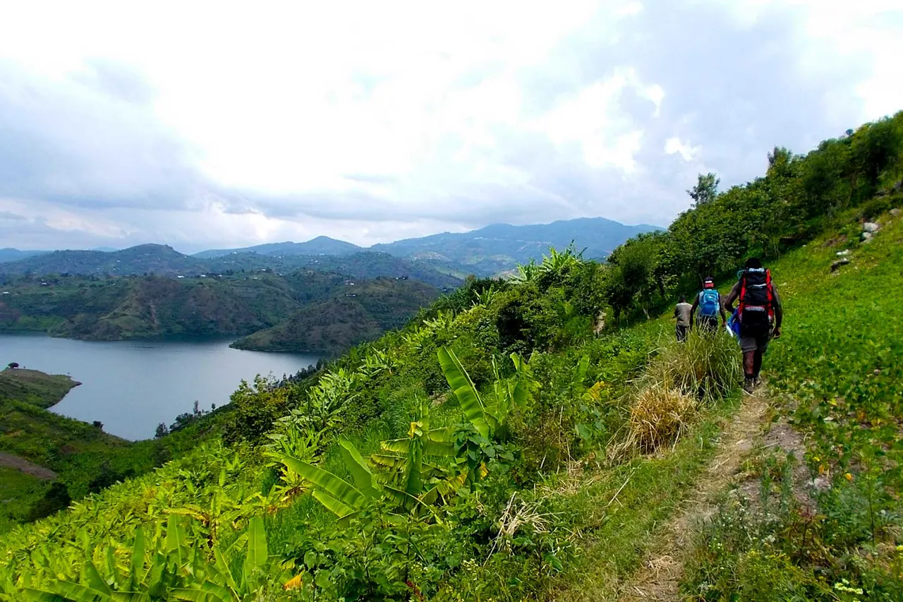 Walkers on the Congo Nile trail above Lake Kivu