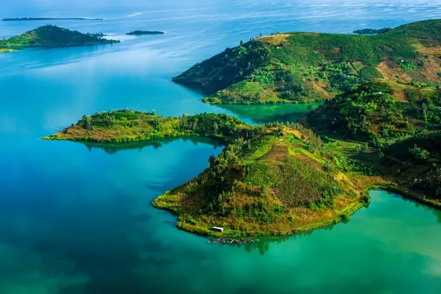 Islands and green water on Lake Kivu, western Rwanda