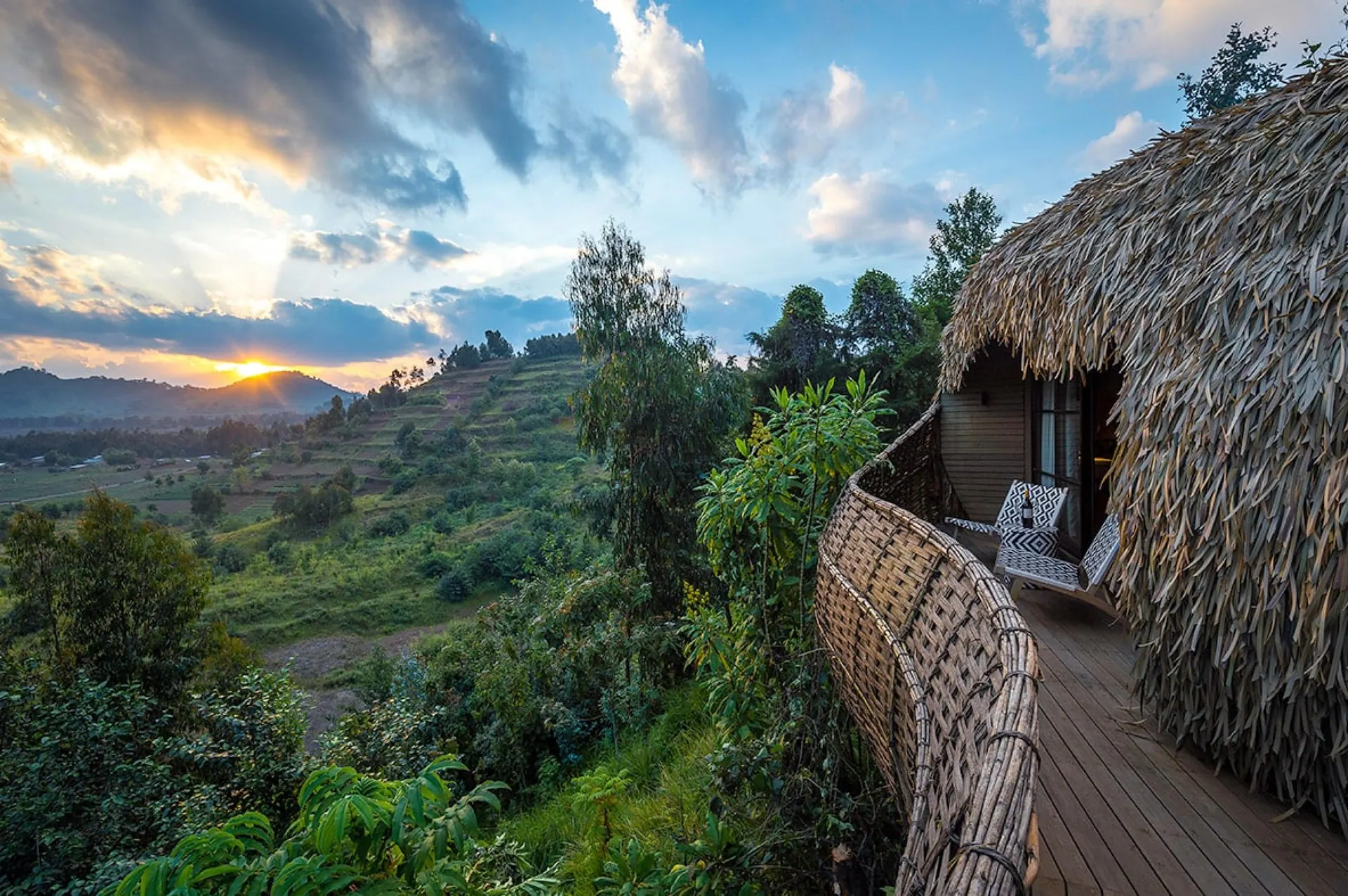 Guest suite at dawn above the Virunga foothills, northern Rwanda